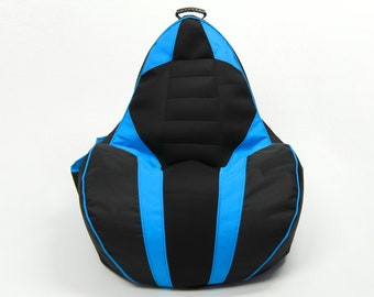 Gaming beanbag cover GAMEBAGOS blue, sporty, race car seat, Oskar Perek, floor cushion, pouf