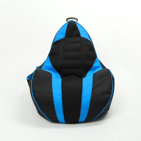 Puf gaming GAMEBAGOS azul, deportivo, asiento de coche de carreras, Oskar Perek, cojín de suelo, puf