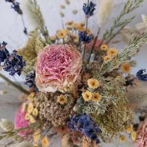 Pink dried flower bouquet with pink Roses, Lavender, yellow Feverfew, grasses, lace flower and statice - Bouquet 9