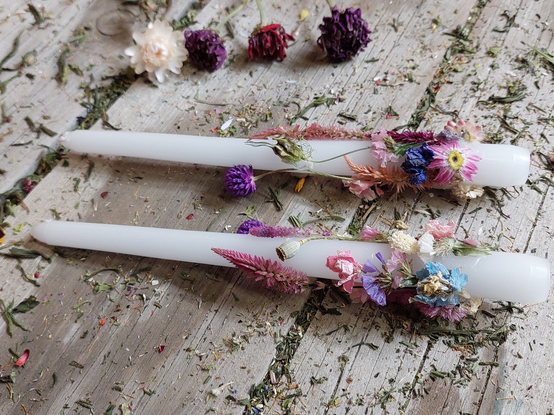 Flower Taper Candles With Purple and Pink Dried Flowers, Handcrafted