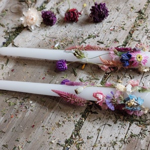 Flower Taper candles with purple and pink dried flowers, handcrafted candle, nature inspired home decor, naturally dried flowers