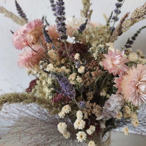 Pink and lavender Mint mixed dried flower bouquet - with pale pink strawflowers, Feverfew Frosted grass and Yarrow - Bouquet 2