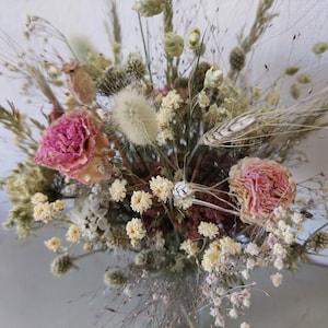 Dried flower bouquet with Pink Roses and pink Baby&#39;s Breathe, Thistles, white Feverfew, soft grasses and wheat  - Bouquet 11