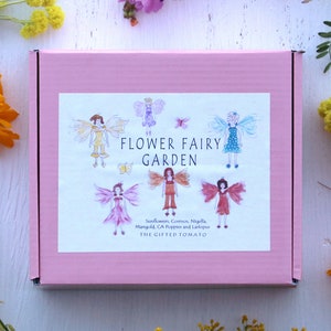 A fairy garden growing kit with 6 packets of flower seeds, 6 pots, soil, 6 plant labels and 6 planting pellets for seed starting. packaged in a pink box.