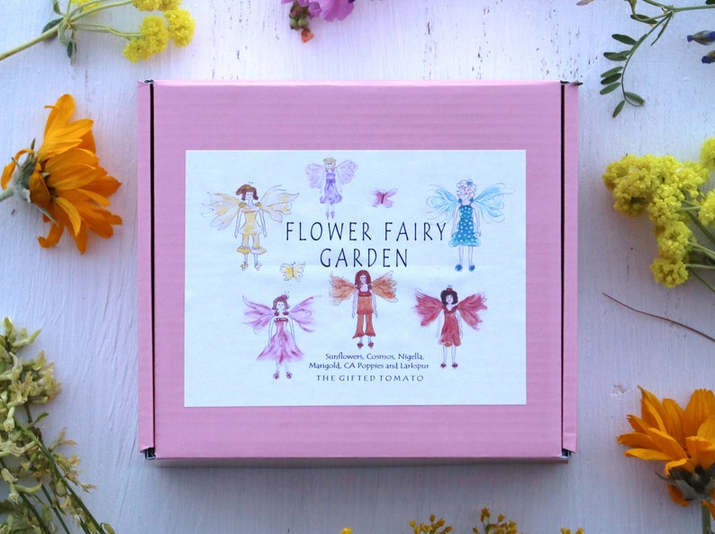 A fairy garden growing kit with 6 packets of flower seeds, 6 pots, soil, 6 plant labels and 6 planting pellets for seed starting. packaged in a pink box.