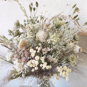 Large dried flower bouquet - White Strawflowers, white Thistles, Lace flowers, white Feverfew  and green grasses - bouquet No 15