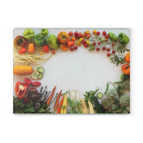 Glass Cutting Board with fresh vegetables and herbs make a great cooking gift or gardener gift