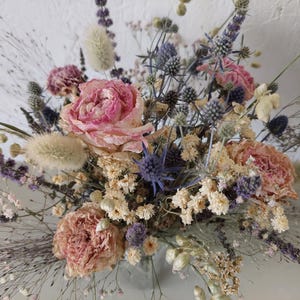Blue Thistle and Pink Roses dried flower bouquet, white Feverfew, grasses and lavender mint - Bouquet 7