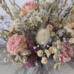 Pink dried flower bouquet with pink Roses, pink Baby&#39;s Breathe, white Feverfew, grasses and pink yarrow - Bouquet 5