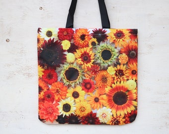 Sunflower Shopping tote bag, washable grocery bag, reusable market tote bag printed with Sunflowers, Zinnia, Dahlias & Rudbeckia
