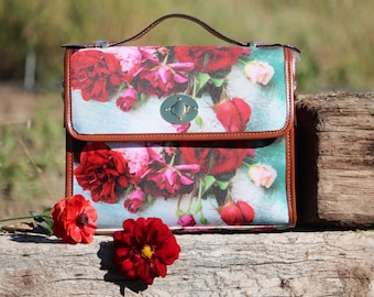 Flower Hand bag with red, peach and pink roses, bridesmaid gift, floral hand bag, best friend gift, floral accessories