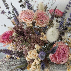 Soft pink dried flower bouquet with pink Roses, lavender Mint, white Feverfew, grasses and white Statice - Bouquet 4