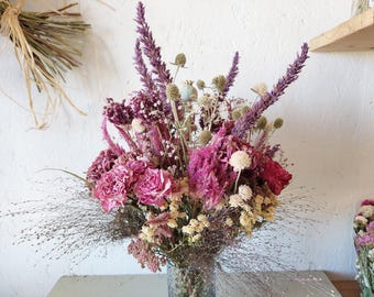 Preserved flower bouquet - soft pink Roses, white Daisy, pink Celosia, pink Gomphrena, Zinnia, pink Alliums, White Thistle Bouquet 95