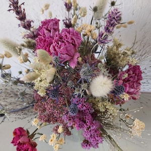 Blue Thistle and deep Pink Roses dried flower bouquet, white Lace flower, grasses and pink Statice - Bouquet 10