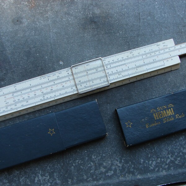 Vintage JAPÓN HEMMI SUN No 130 diapositiva regla en original estuche de cartoncillo / regla medida Ingeniero / ingeniería regla logarítmica