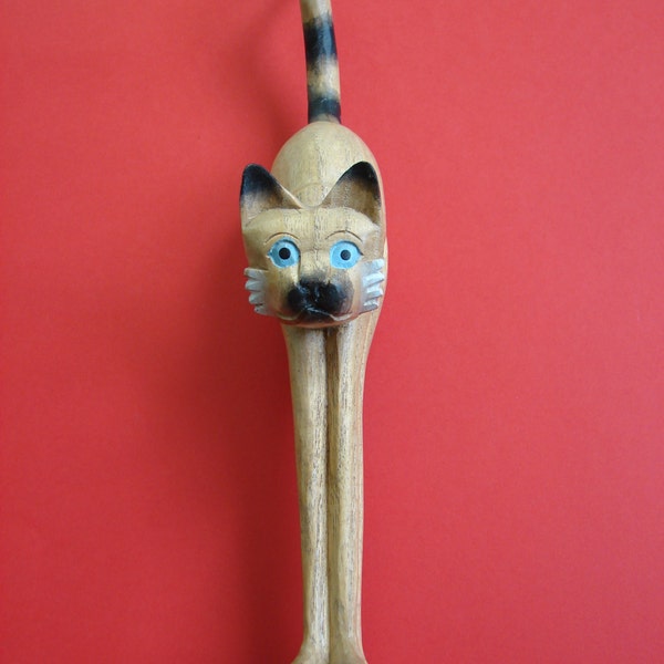 Vintage Siama wood cat figurine Folk art handpainted cat statuette carved wood cat cats Unique home decor Collectible