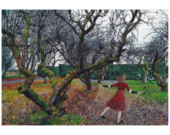 Gathering Magpies. Woman in A Red Dress And Golden Shawl. The Orchard.  Limited Edition, Original Art Print. Among The Apple Trees.
