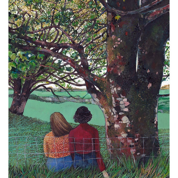 Friendship. Original Art Print. Two Women Side By Side, Sitting Beneath a Tree. Limited Edition Print. The Sycamore Tree. Friends Forever.