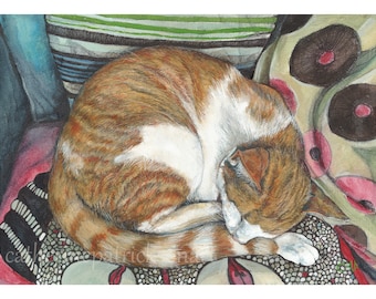 Limited Edition Print. Ginger and White Cat, Curled Up Asleep on a Comfy Chair. From Original Watercolor.