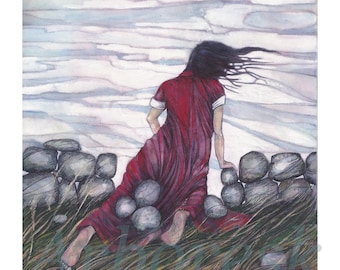 Limited Edition Original A4 Print. 'The Boundary Stones.'  The road we travel. Woman In A Red Dress, Kneeling In The Landscape.