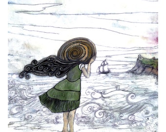Girl Looking Out To Sea, Watching The Ship Sail Past. Limited Edition Art Print.