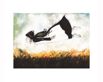 Limited Edition A4 Art Print. The Flying Girl. A Woman Soaring. Flying Dream Art Print. An Original Art Print. Over Autumn Heather