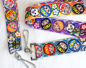 Daruma and Lucky Cat / Maneki Neko Lanyard Keyfob and Combo Deal