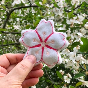 May include: A white felt cherry blossom flower with pink embroidery. The flower is held in a hand against a background of a blooming cherry blossom tree.