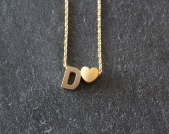 CUSTOM Initial Letter and Heart Gold Necklace, Personalized Necklace, Simple, Modern, Everyday, Love, Romantic