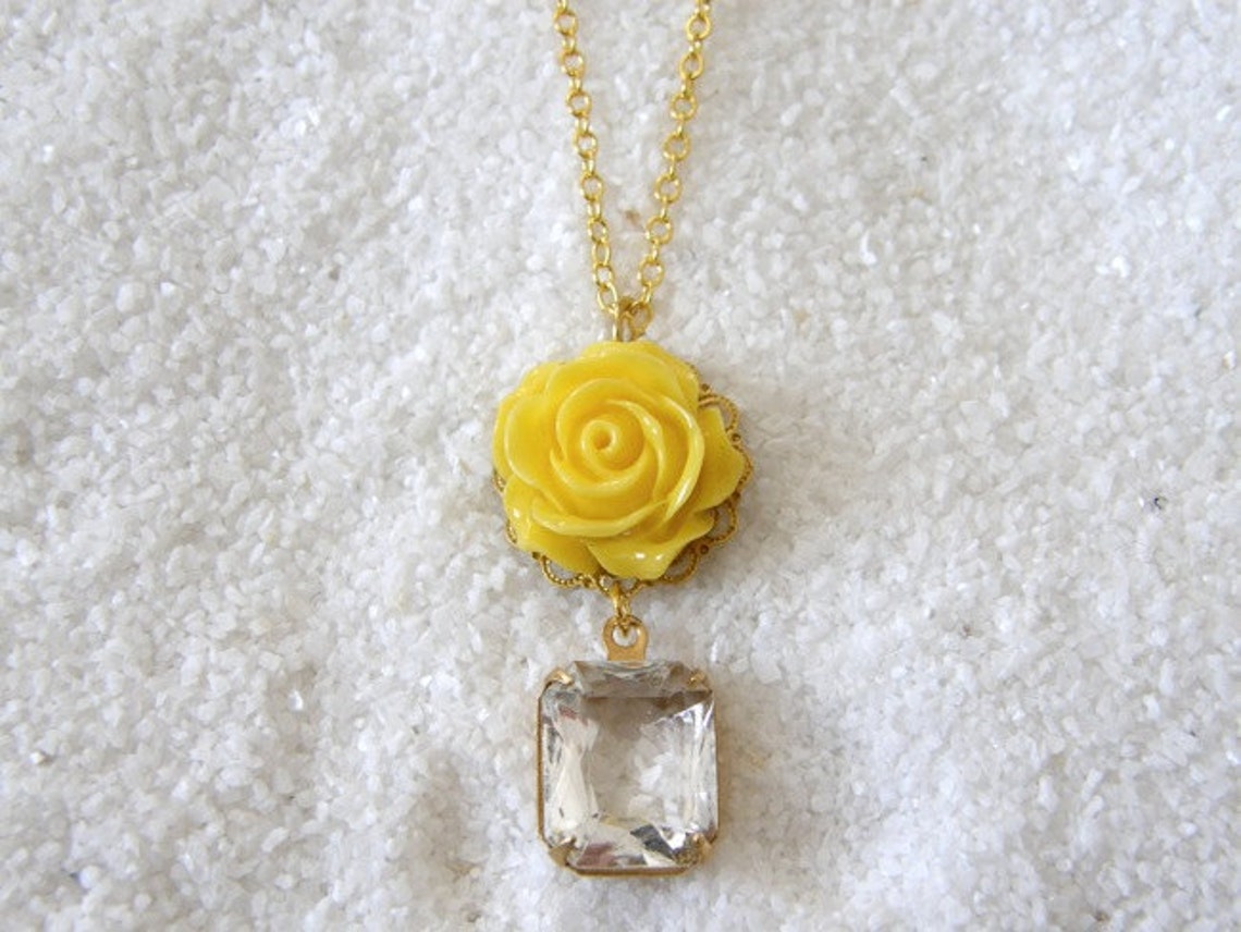 Yellow Rose and Vintage Crystal Glass Charm Necklace, Vintage Style
