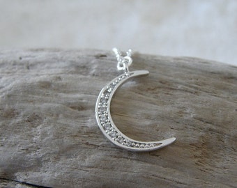 Cubic Zirconia Crescent Moon Necklace, Silver Crescent Moon Pendant, Moon Necklace