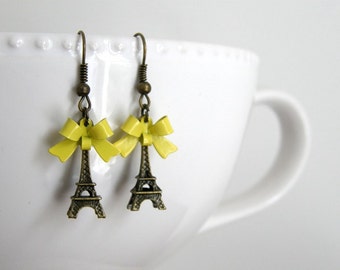 Eiffel Tower 3D Earrings with Lemon Yellow Bow, French Inspired Earrings, Romantic Jewelry, Eiffel Tower Jewelry, Paris, France