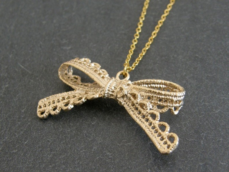 Gold Lace Bow Pendant Necklace, Bow Necklace, Birthday Gift, Gift for