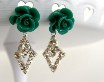Green Rose & Rhinestone Diamond Shaped Earrings, Bridesmaid gifts, Wedding Jewelry, Prom Jewelry, Sparkle Earrings