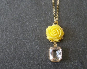 Yellow Rose and Vintage Crystal Glass Charm Necklace, Vintage Style, Bridesmaid gifts, Wedding Jewelry, Gift for Mom