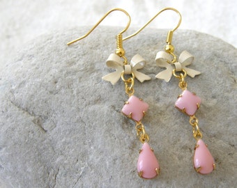 Rose Pink Teardrop Glass Stone and Bow Dangle Earrings, Vintage Style Drop Earrings, Kitsch