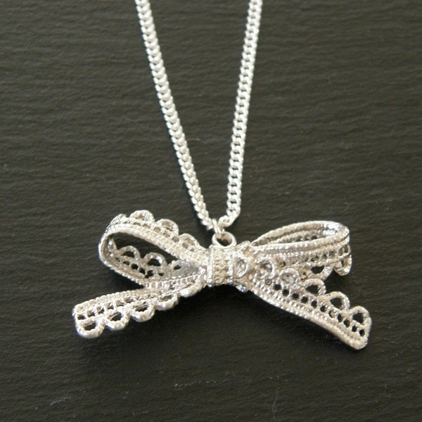 Lace Silver Bow Pendant Necklace, Bridesmaids Gifts, Birthday gift, Gift for Friend, Sister Gift