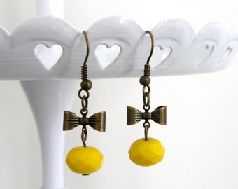 Yellow Czech Glass Earrings with Petite Antique Brass Bow, Kitsch, Whimsical, Friend Gift, Sister Gift