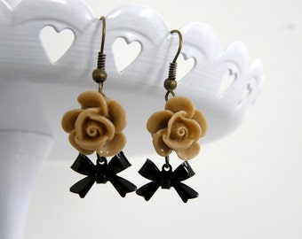 Taupe Rose Flower Cabochon & Black Bow Dangle Earrings, Coffee, Gift for Friend, Gift for Sister