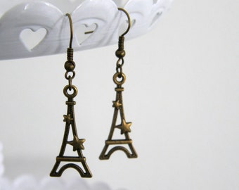 Eiffel Tower Dangle Earrings, Star Earrings, Paris, France, Romantic, French Style