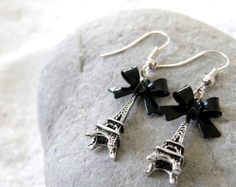 Silver 3D Eiffel Tower Earrings with Black Bow, French Earrings, Paris, Romance, Friend Gift, Gift for Her