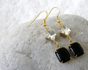 Vintage Style Black and Crystal Glass Earrings, Drop, Dangle Earrings, Birthday Gift, Gift for Mum, Sister or Friend