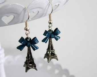 Eiffel Tower Earrings with Blue Teal Bow, French Style, Birthday Gift, Romantic, Paris, France
