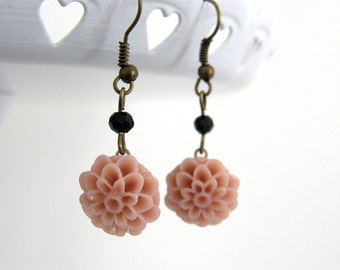 Dusky Pink Dahlia Flower Dangle Earrings, Vintage Inspired, Bridesmaid Gift, Friend Gift, Feminine