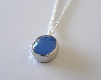 Cobalt Blue Glass Oval Pendant Silver Necklace, Blue Glass Necklace