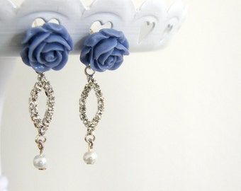 Blue Rose Rhinestone and Pearl Dangle Earrings, Bridal, Bridesmaid gifts, Wedding Jewelry, Anniversary Gift