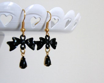 Black Bow and Glass Teardrop Earrings, Vintage Style, Drop, Dangle Earrings, Kitsch, French Inspired