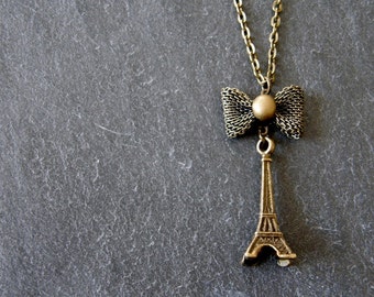 Eiffel Tower and Mesh Bow Bronze Necklace, French Vintage Style, Romantic, Gift for Her