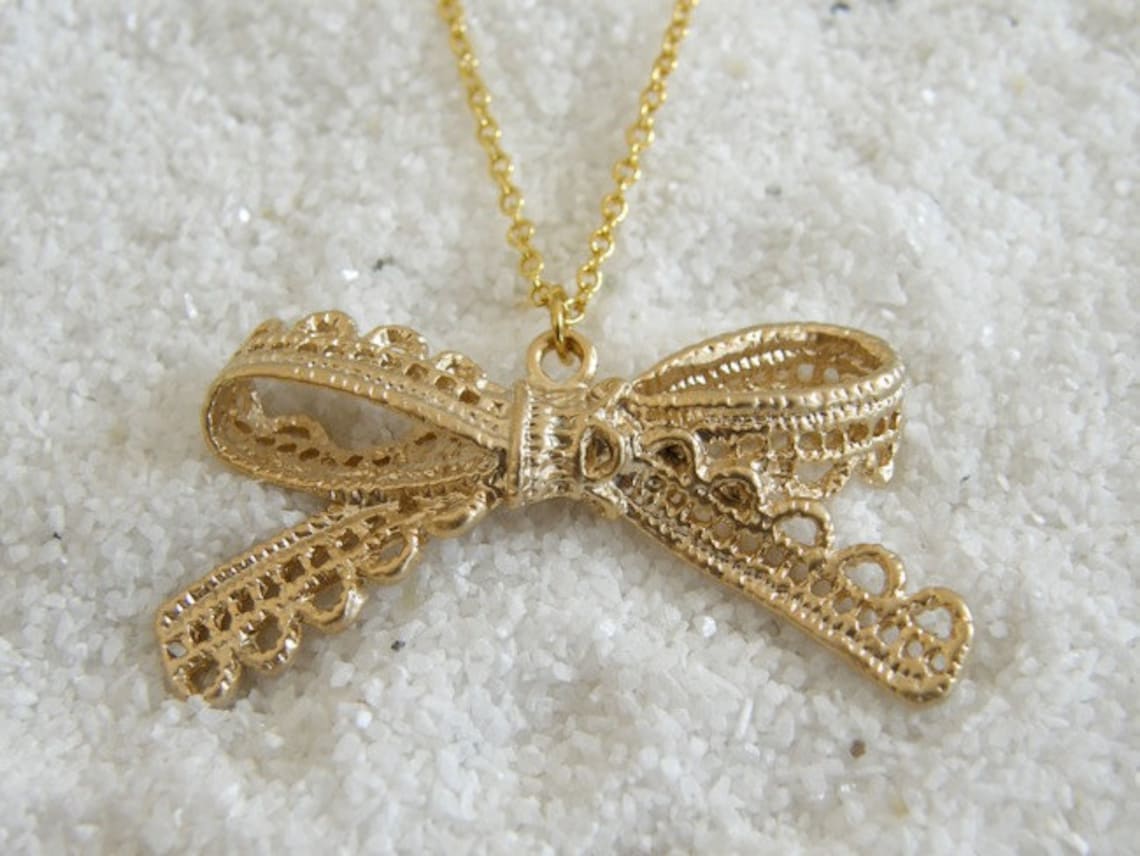 Gold Lace Bow Pendant Necklace Bow Necklace Birthday Gift Etsy