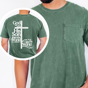 Camiseta de Juan 3:17 con bolsillo y colores cómodos para hombre, camiseta cristiana con versículo bíblico, cruz, fe, ropa inspiradora, escritura, regalo de Jesús.